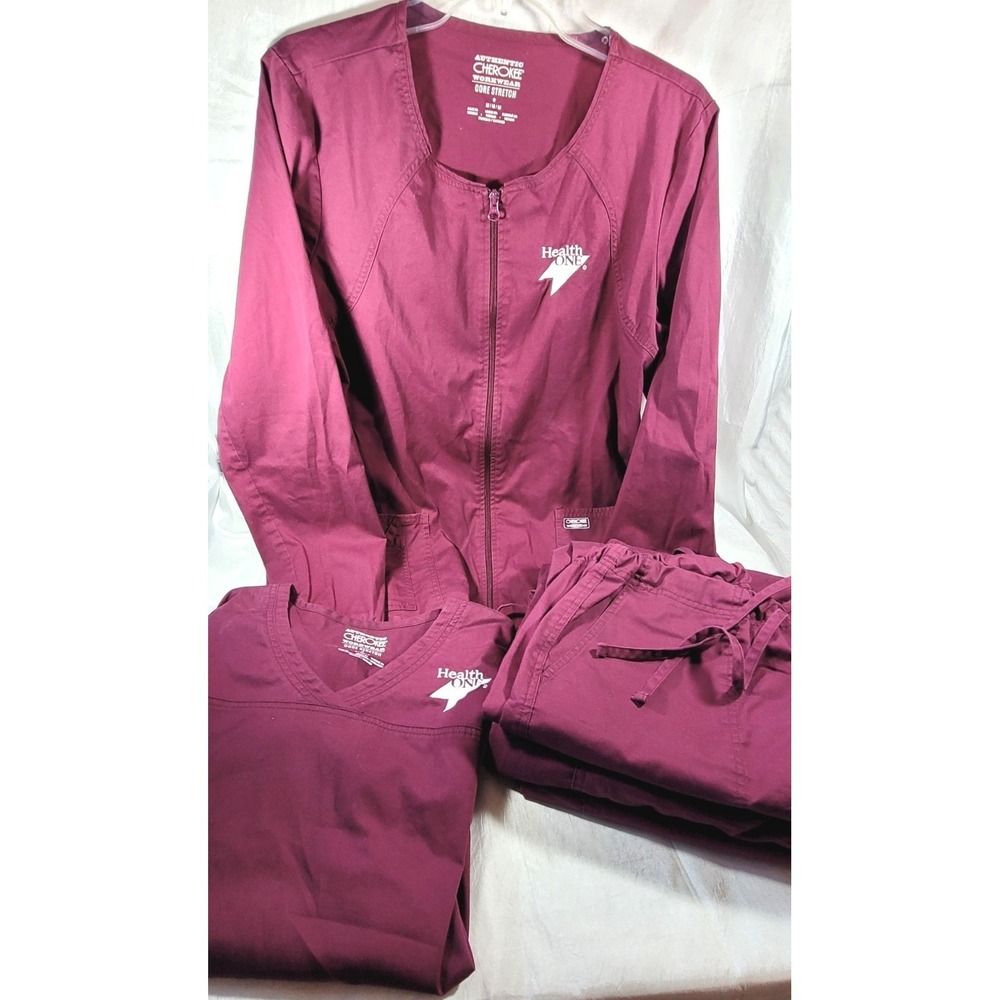 LOT: Cherokee Workwear HealthONE Scrubs Top (S), Jacket & 3 Pants (M) - Burgundy